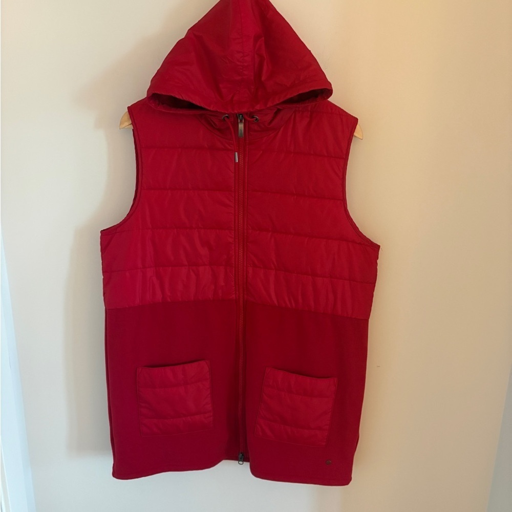 Olsen Women’s Red Quilted Vest with Double Zipper and Hood
